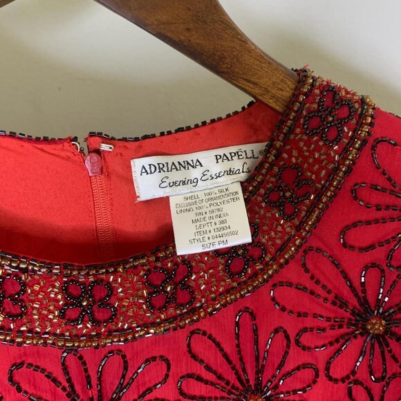 Vintage Adrianna Papéll Red Beaded Short Sleeve Formal Blouse 100% Silk - Picture 3 of 4